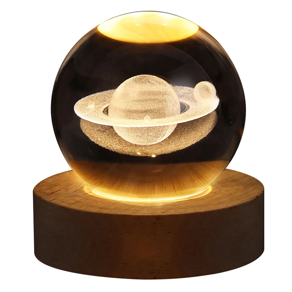 Saturn/Sun Planet Galaxy Star Moon Usb Crystal Ball Table Lamp with Wood Base Warm Light 3D Atmosphere Room Night Light Gifts